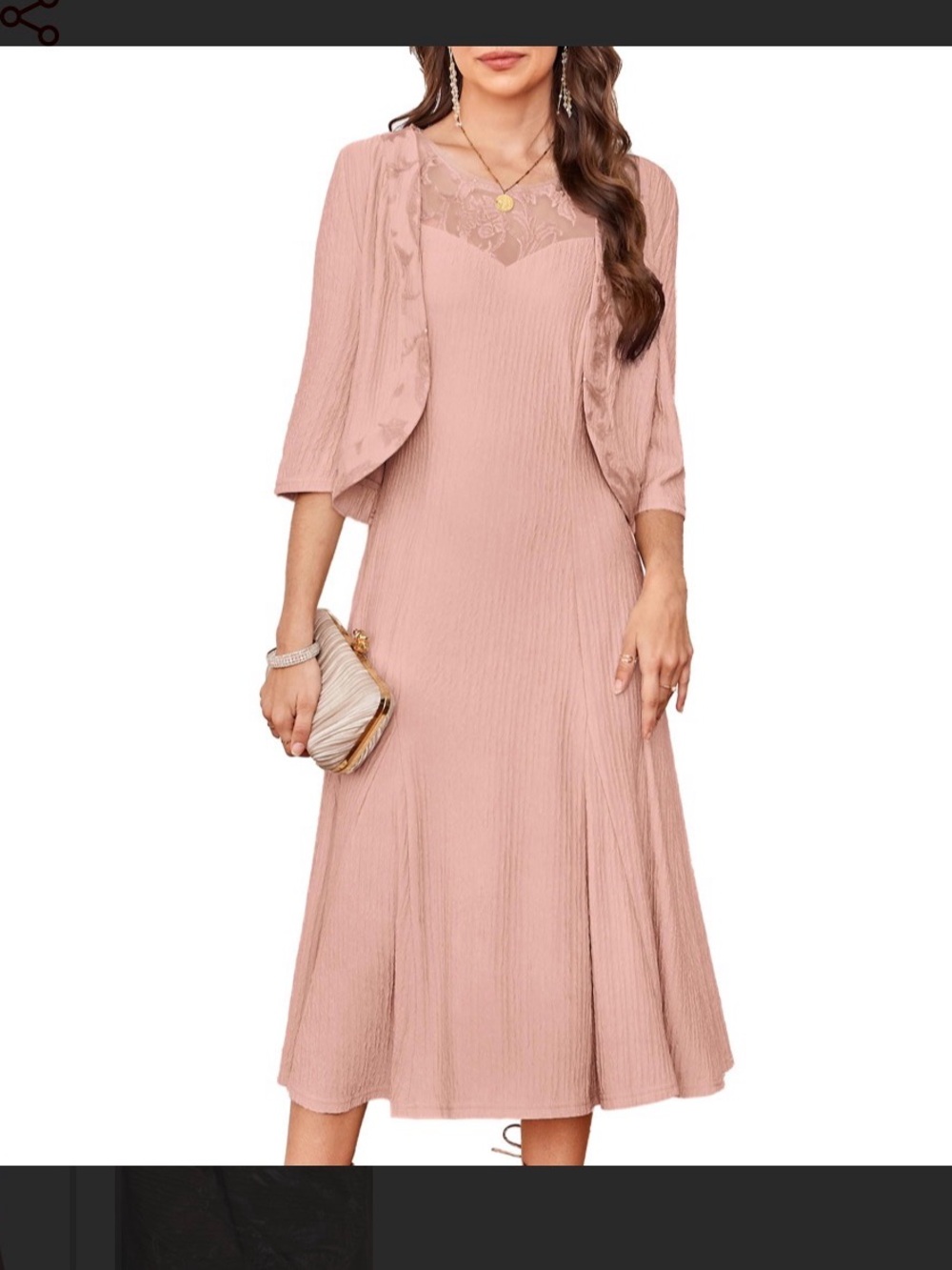 Grace Karin Blush Pink Midi Dress with Lace Yoke and Cropped Jacket